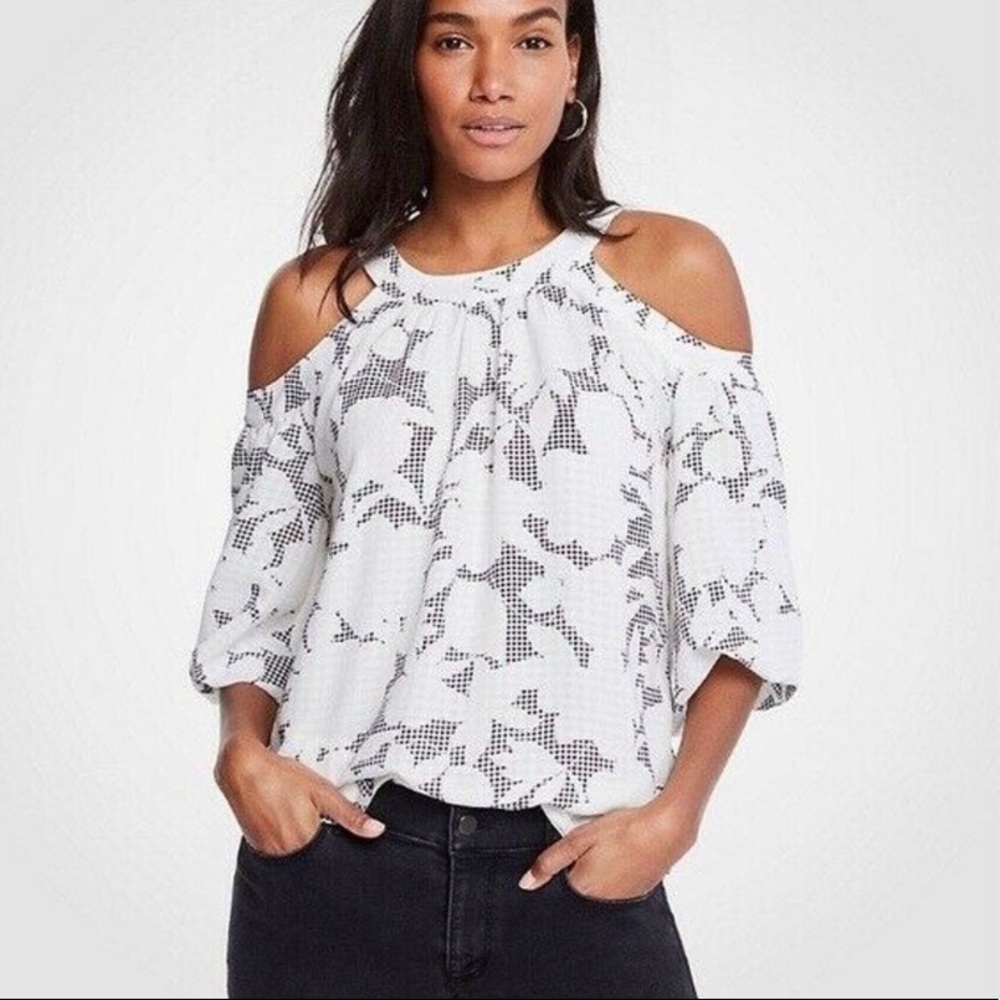 Ann Taylor Gingham Floral Cold Shoulder Top NWT